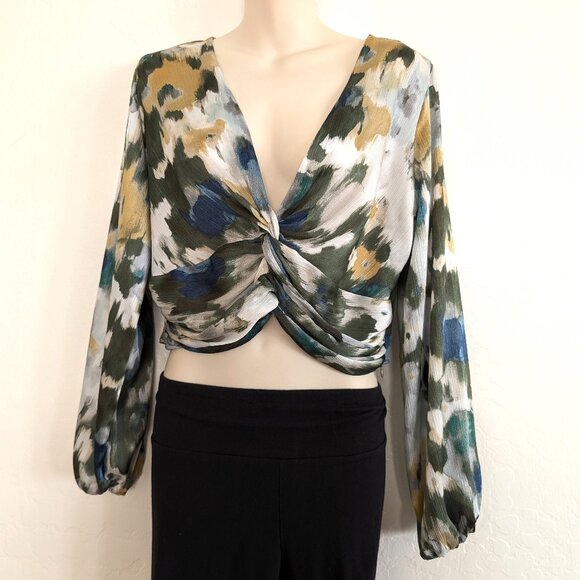 ZARA Blouse Women's M Multicolor Watercolor Sheer Lightweight Zipper Deep V Neck - Picture 11 of 14